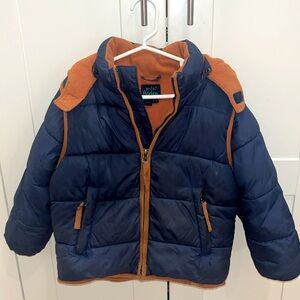 Mini Boden 3/4Y navy blue hooded fleece-lined puffer coat / vest w/ orange trim.